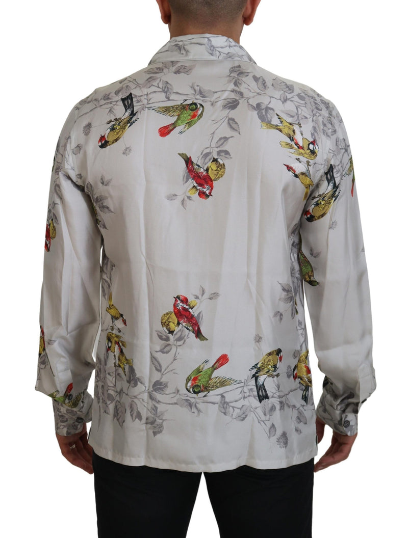 Elegante camisa casual con estampado de pájaro de seda