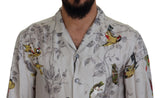 Elegante camisa casual con estampado de pájaro de seda