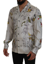 Elegante camisa casual con estampado de pájaro de seda