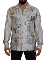 Elegante camisa casual con estampado de pájaro de seda