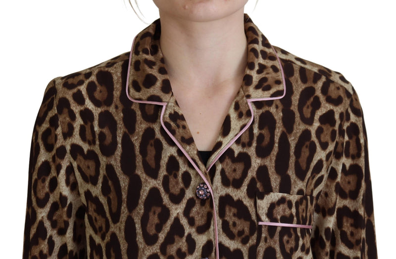 Elegant Silk Leopard Print Collared Top