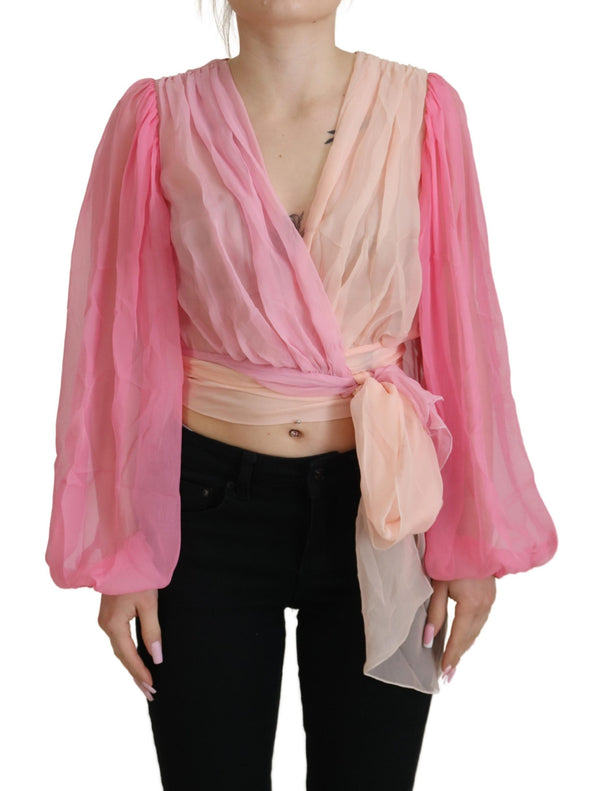 Silk V-Checkline Wrap Blouse en rosa