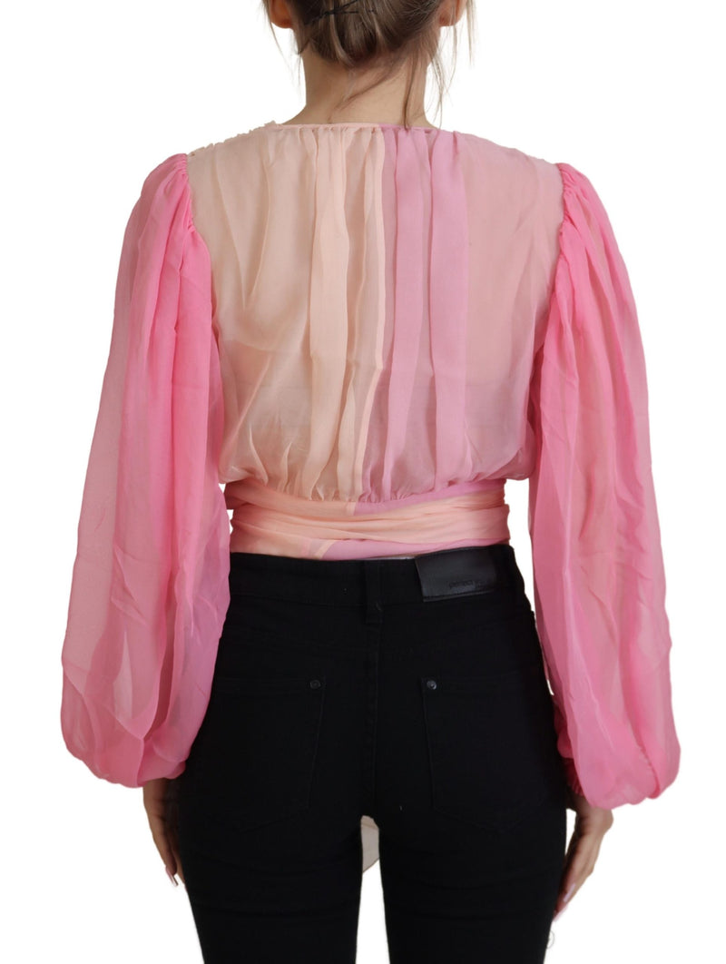 Silk V-Checkline Wrap Blouse en rosa