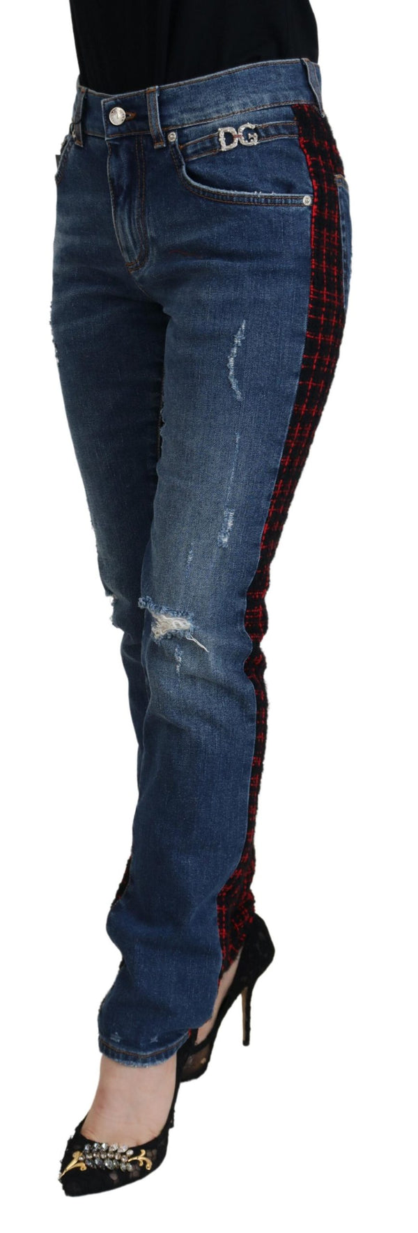 Élégance élevée pantalon en jean arrière à carreaux