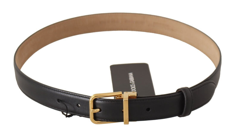 Elegant Black Leather Belt with Engraved Metal Buckle