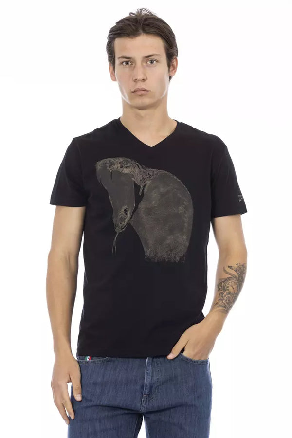 Tee negro de cuello en V con estampado frontal elegante