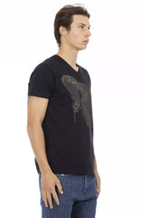 V-Ausschnitt schwarzes T-Shirt mit schickem Frontdruck