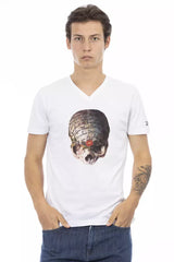 Elegante camiseta de cuello en V blanco con estampado elegante