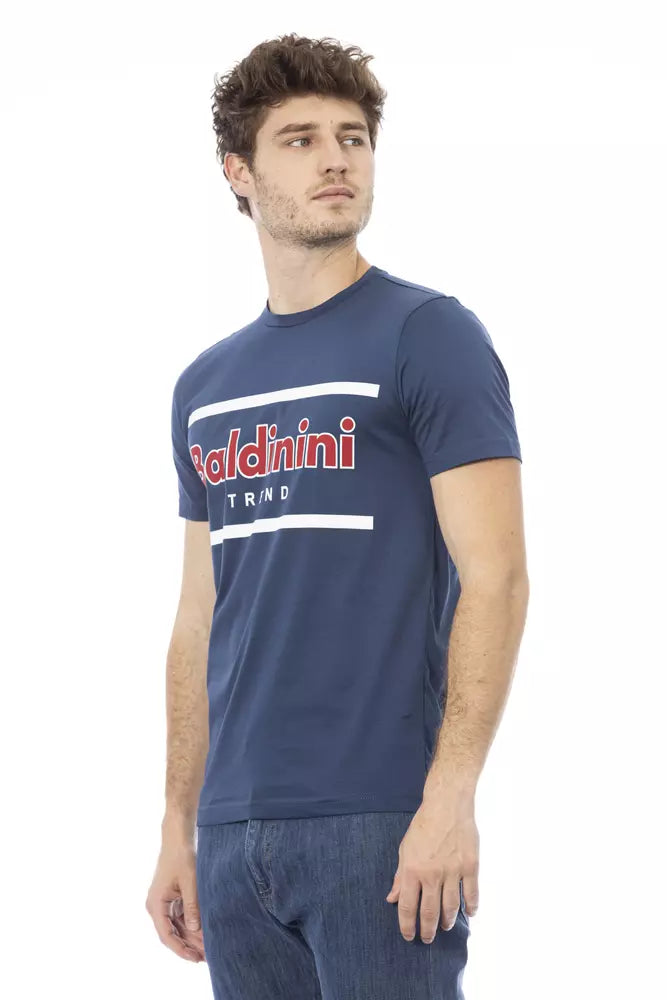 T-shirt en coton bleu élevé avec imprimé avant unique