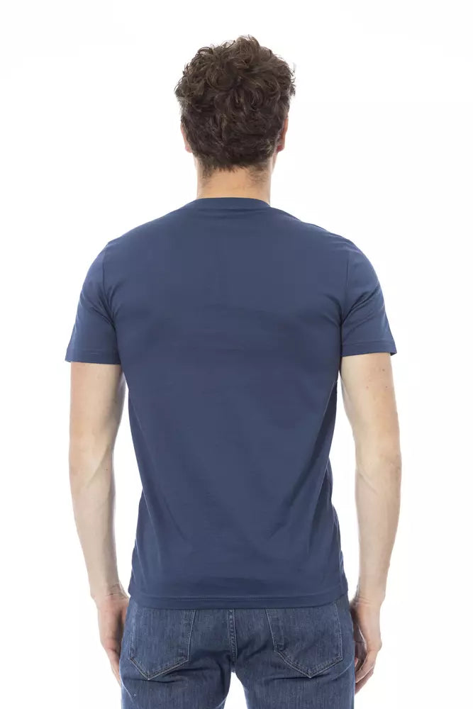 T-shirt en coton bleu élevé avec imprimé avant unique