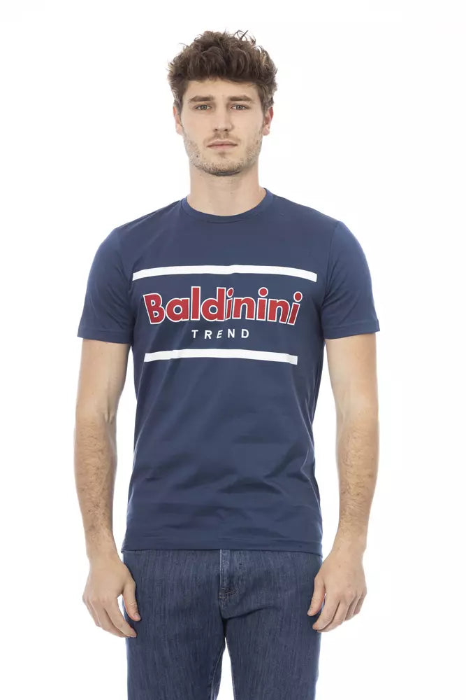 Elegantes blaues Baumwoll -T -Shirt mit schickem Frontdruck