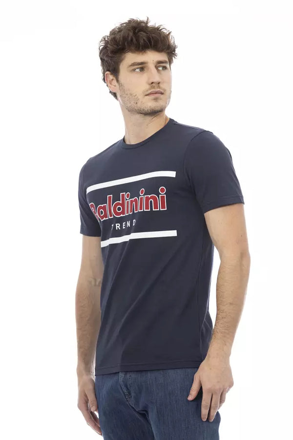 Elegante camiseta de cuello redondo azul con estampado delantero