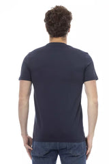 Elegante camiseta de cuello redondo azul con estampado delantero