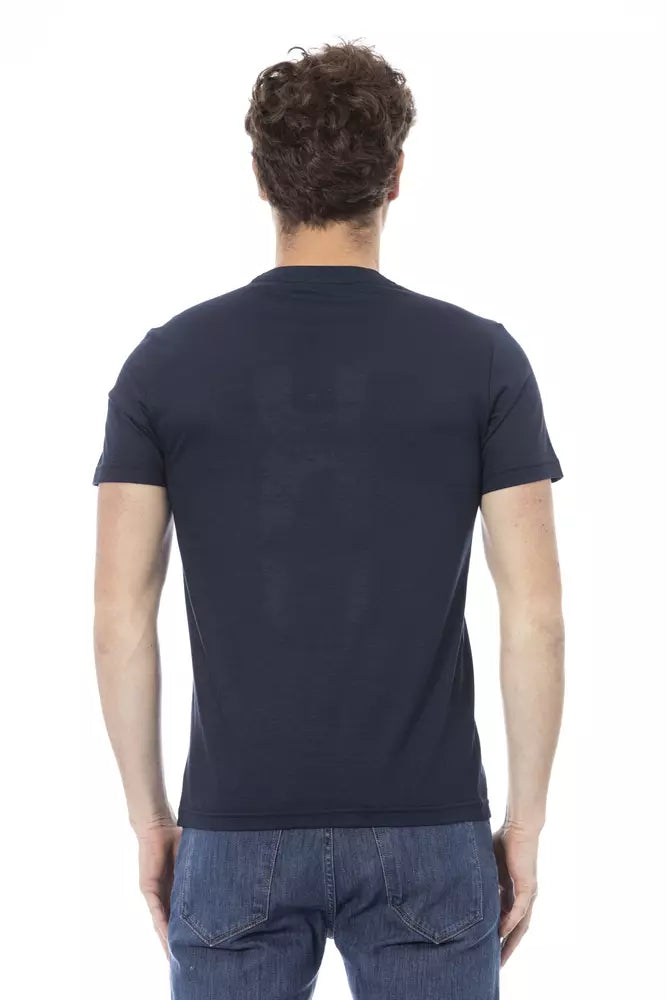 Elegante camiseta de algodón azul con estampado delantero