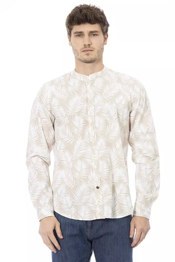 Camisa de algodón de cuello mandarín de beige elegante