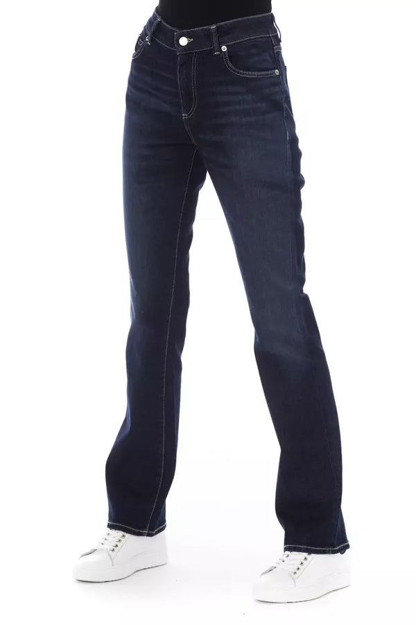 "Blue Cotton Women's Jeans with Tricolor Pocket Detail"