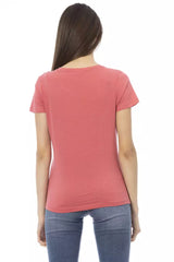 Elegante camiseta de cuello en V rosa con impresión elegante