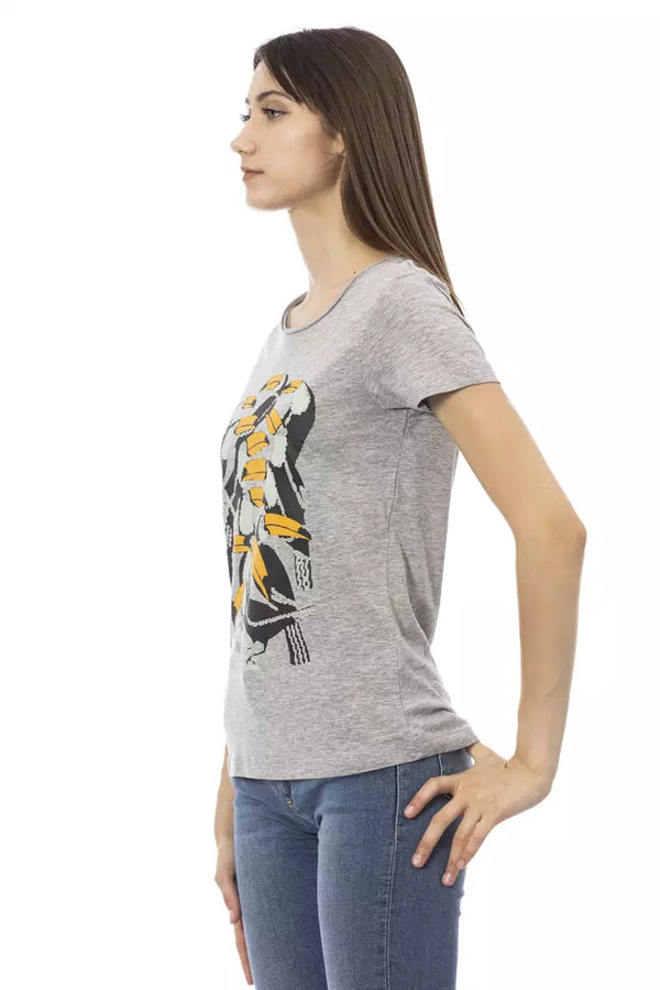 Chic Grey Cotton Blend Round Necy Tee