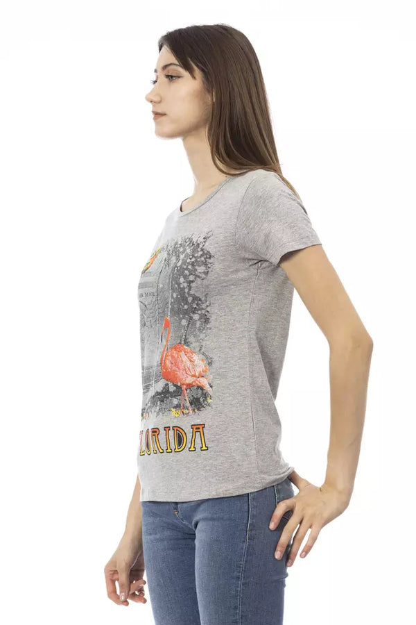 TEE elegante de cuello redondo gris con estampado delantero