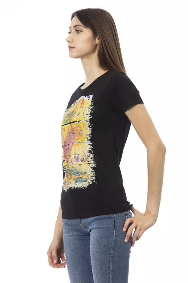 Chic Black Round Neck -T -Shirt mit vorderem Druck