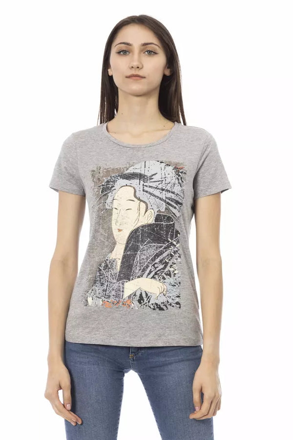 T-shirt de coton à cou rond gris chic avec imprimé