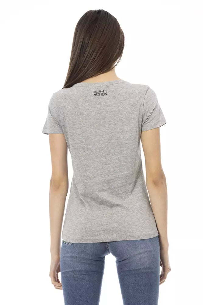 Chic Grey Round Neck -Baumwoll -T -Shirt mit Druck