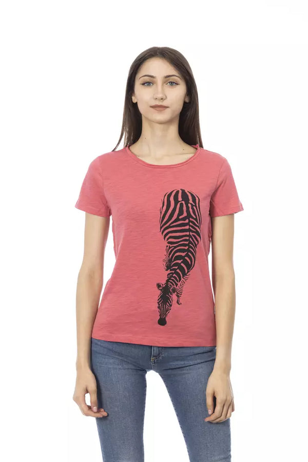 Elegant rosa rundes Nacken -T -Shirt mit schickem Frontdruck