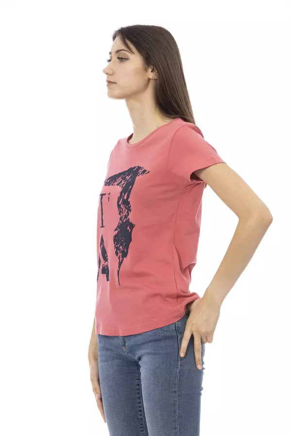 TEE elegante de algodón de algodón rosa con estampado elegante