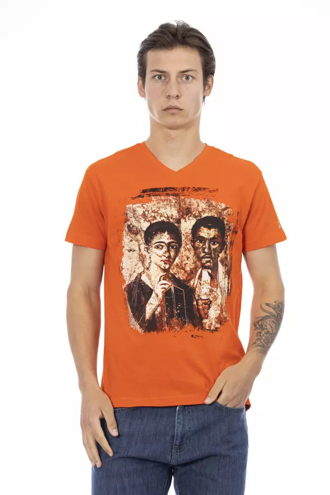 Orangefarbenes V-Ausschnitt-T-Shirt mit grafischem Charme