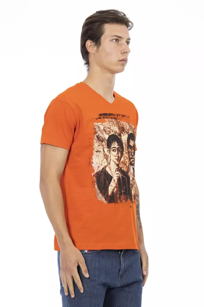 Orangefarbenes V-Ausschnitt-T-Shirt mit grafischem Charme