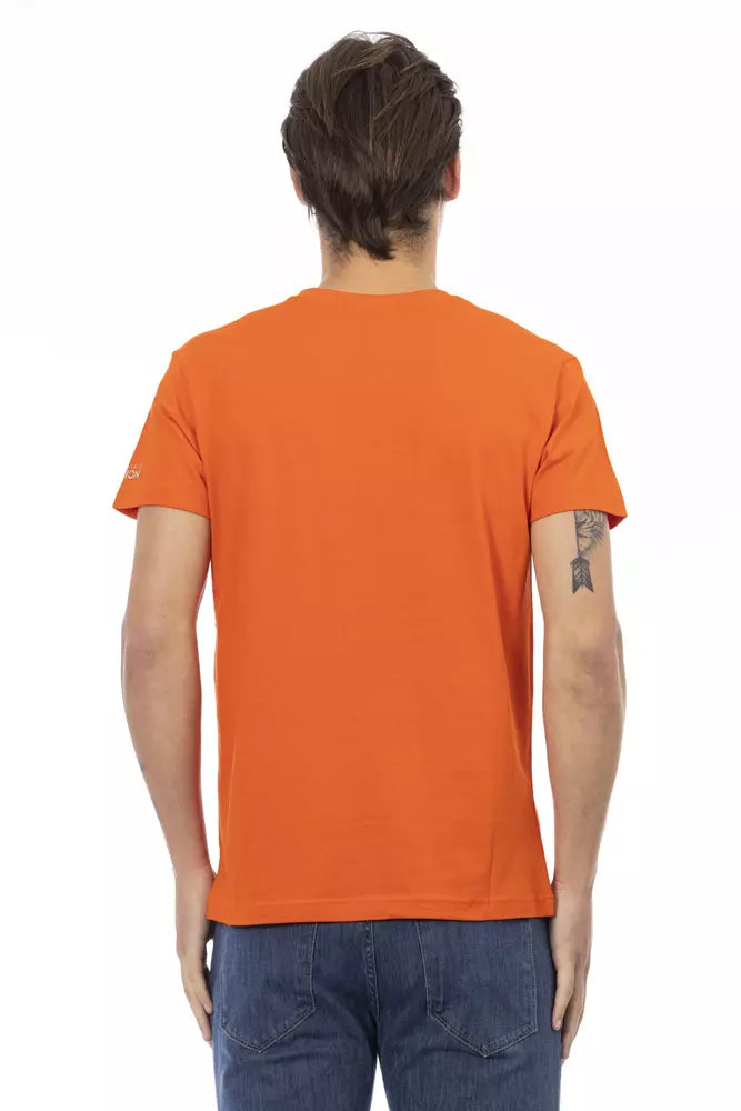 Orangefarbenes V-Ausschnitt-T-Shirt mit grafischem Charme