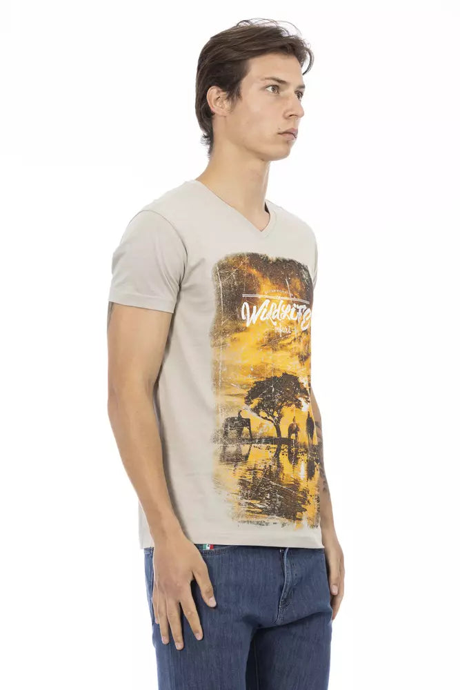 Beige V-Neck-T-Shirt mit elegantem Frontdruck