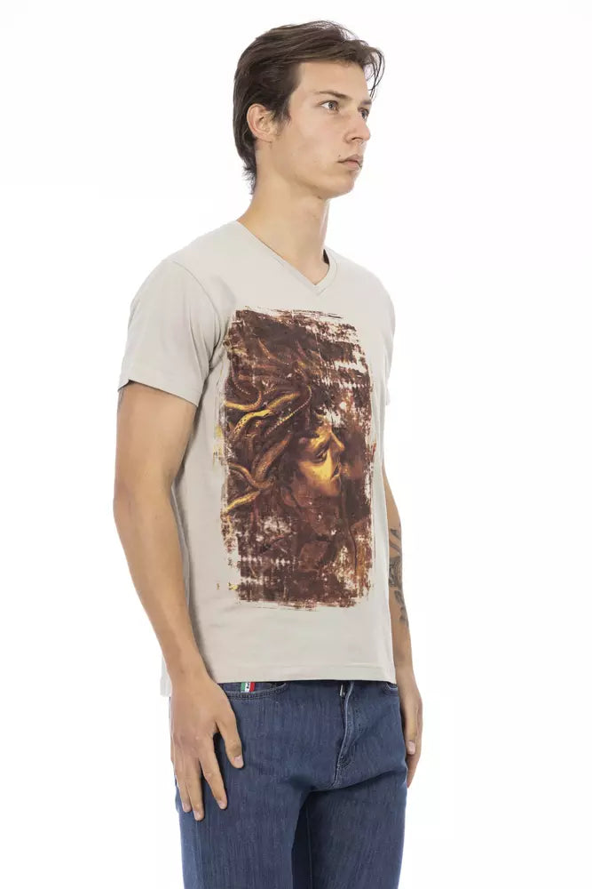 Beige V-Neck-T-Shirt mit schickem Frontdruck