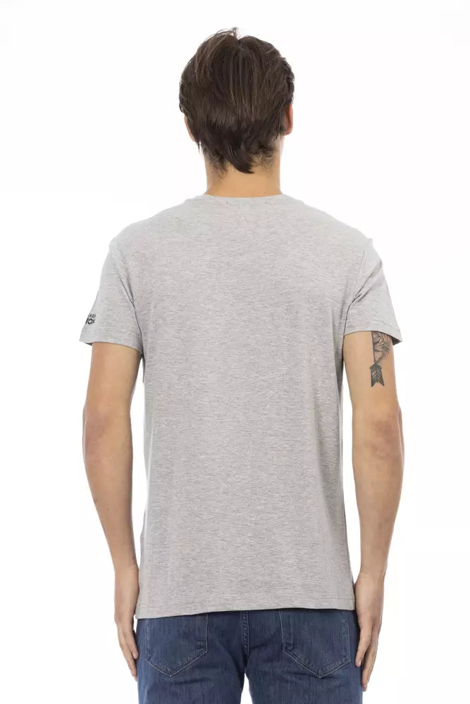 Elegante camiseta de cuello en V gris con estampado delantero