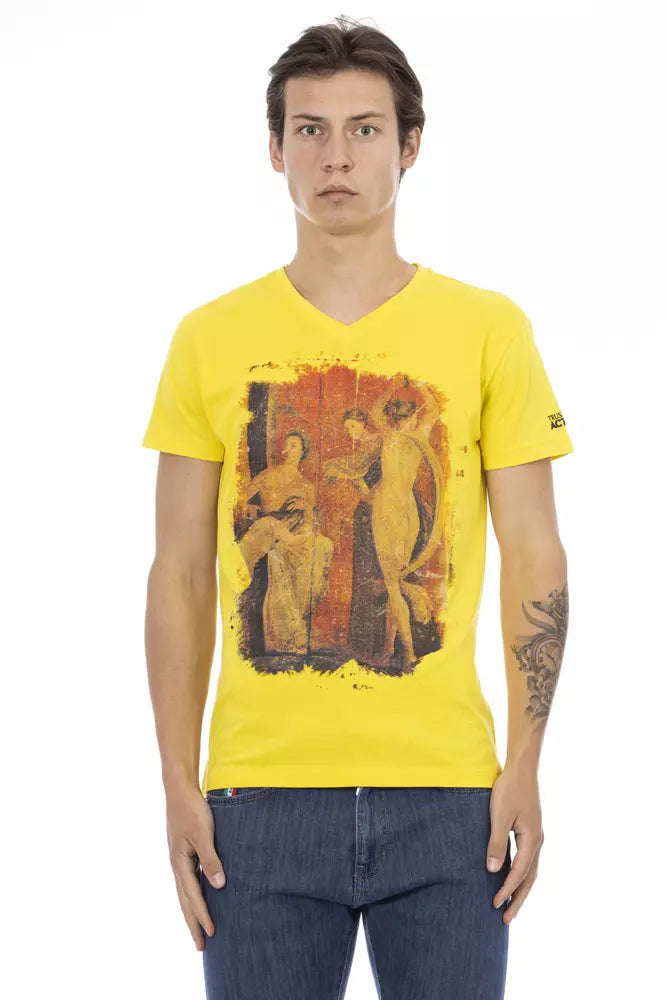 Sonnenschein gelbes V-Ausschnitt-T-Shirt mit grafischem Charme