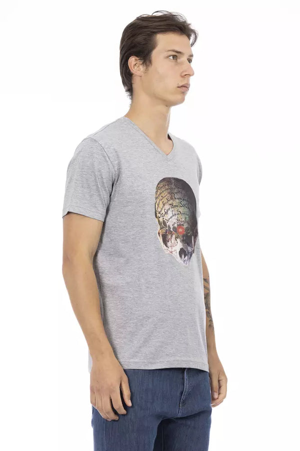 V -Neck Front Print Print Short Sleeve Tee - Κομψό γκρι