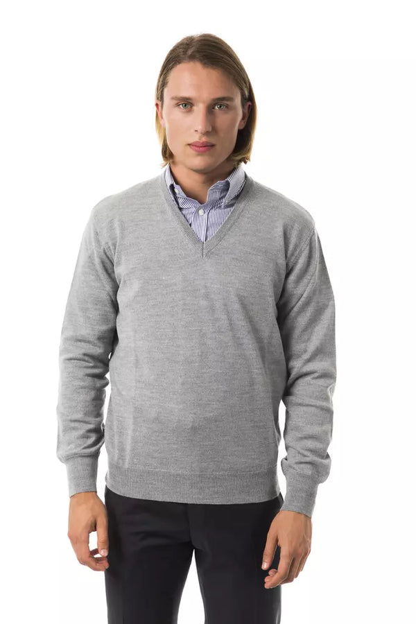 Stickte Wolle V -Ausschnitt -Pullover - elegantes Grau