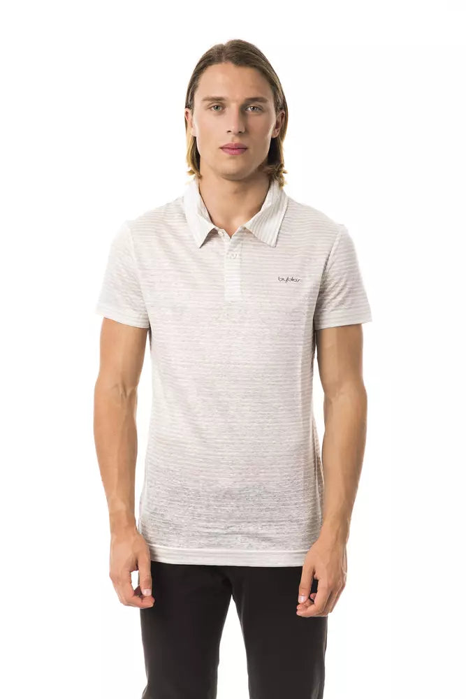 Elegante polo di lino beige con ricamo toracico