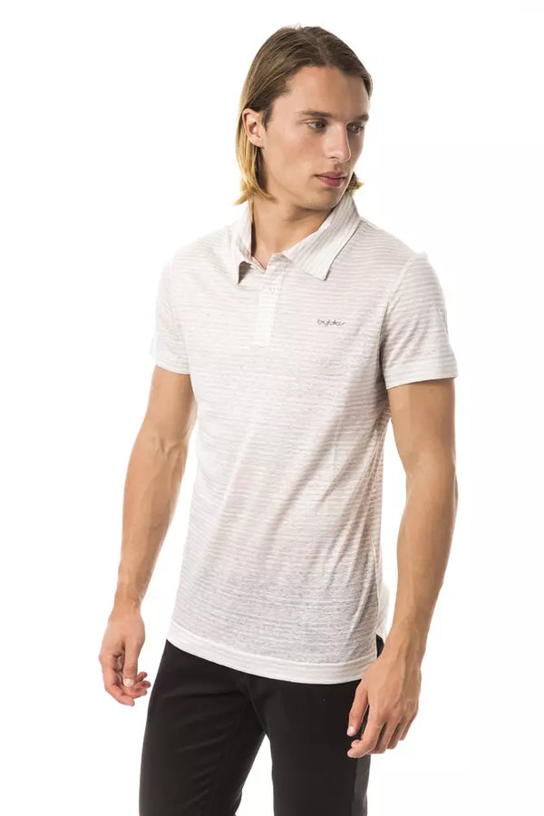 Elegante polo di lino beige con ricamo toracico