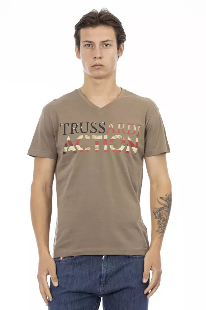 Brown Cotton Men V-Neck T-Shirt