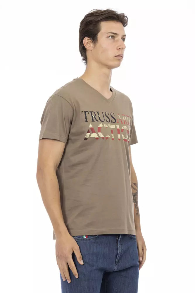 Brown Cotton Men V-Neck T-Shirt