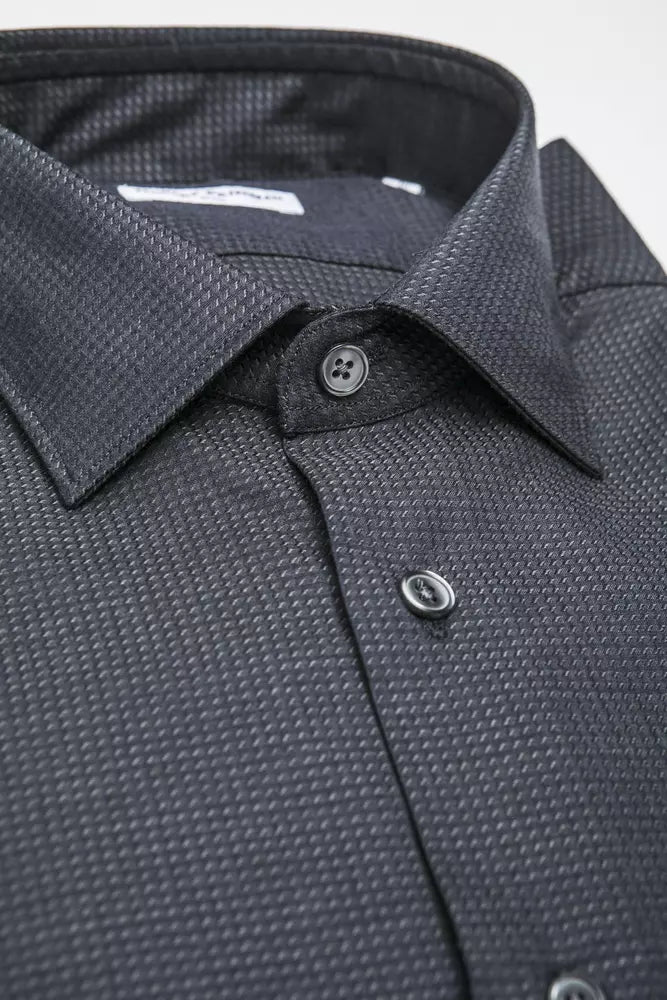 Sleek Black Cotton Blend Slim Collar Shirt