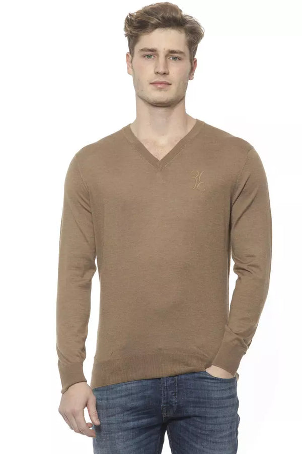 Elegante suéter de cachemira de cuello en V beige para hombres