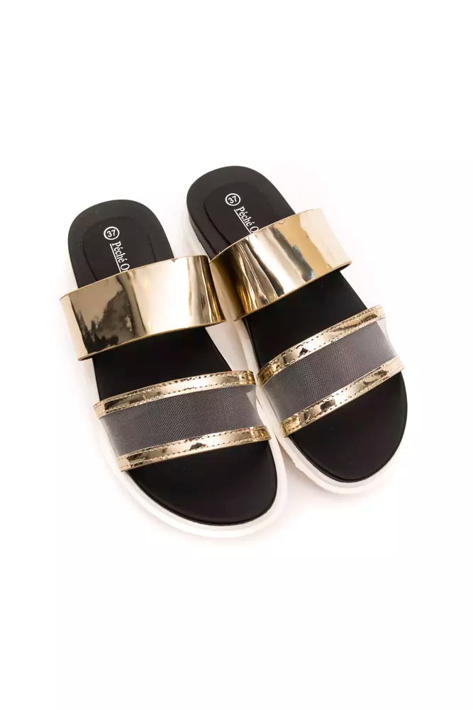 Elegante goldene Riemchen mit niedrigem Absatz Sandalen