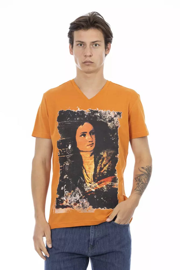 Lebendiges orangefarbenes V-Ausschnitt-T-Shirt mit elegantem Druck