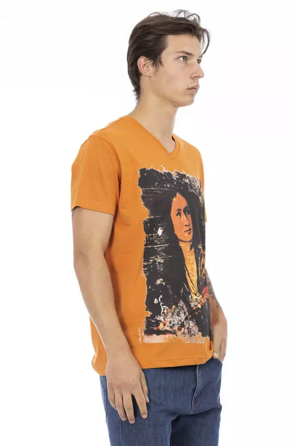 Lebendiges orangefarbenes V-Ausschnitt-T-Shirt mit elegantem Druck