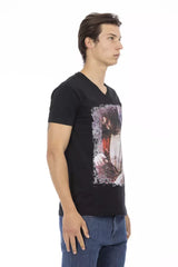 Elegante camiseta de cuello en V con estampado frontal vanguardista