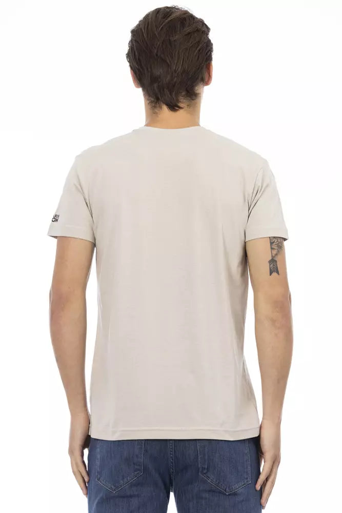 Beige V-Ausschnitt-T-Shirt mit vorderem Druck