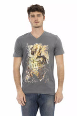 T-shirt gris chic en V avec imprimé avant frappant