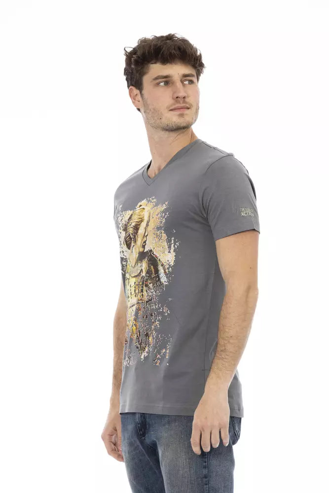 Chic V-Neck Gray Tee με εντυπωσιακή μπροστινή εκτύπωση